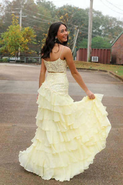 Cute A Line Scoop Neck Daffodial Tiered Chiffon Long Prom Dress with Slit AB24111108