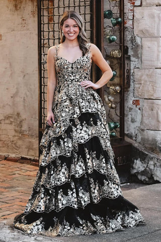 Gorgeous Ball Gown Sweetheart Black Gold Sequins Long Prom Dresses with Slit AB24110103