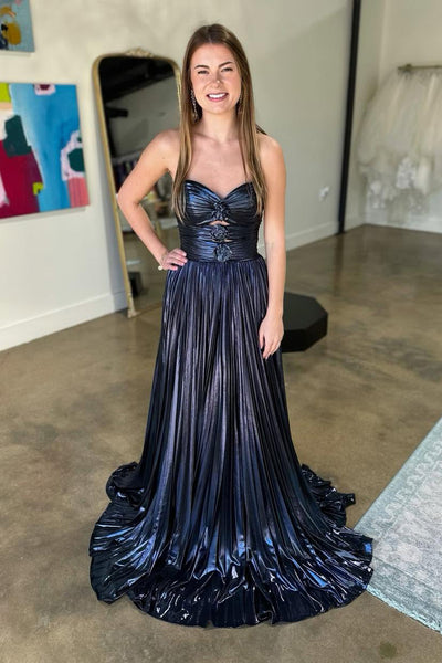 Cute A Line Sweetheart Keyhole Black Metallic Satin Prom Dress with Bow AB24121709