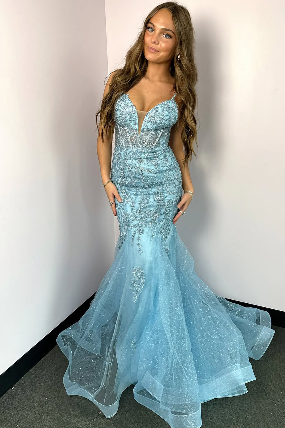 Cute Mermaid V Neck Light Blue Beading Prom Dress with Appliques AB24120604