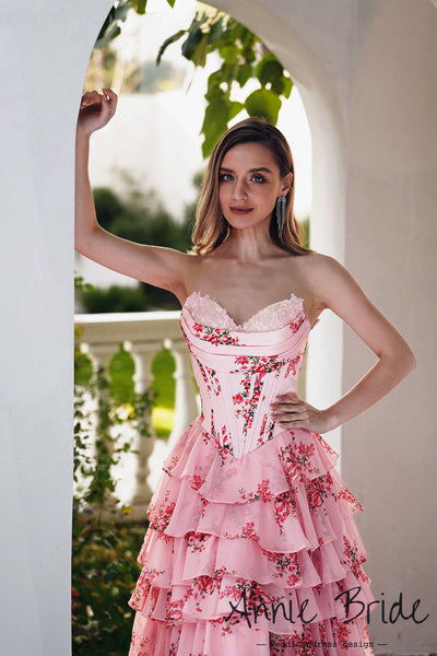 Cute A Line Sweetheart Blush Pink Floral Printed Chiffon Long Prom Dress with Slit AB24121108