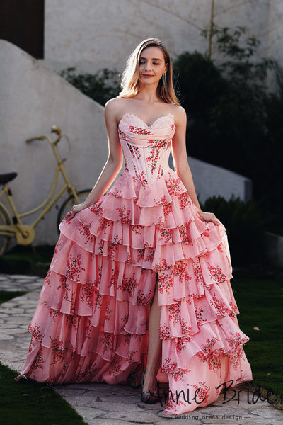 Cute A Line Sweetheart Blush Pink Floral Printed Chiffon Long Prom Dress with Slit AB24121108