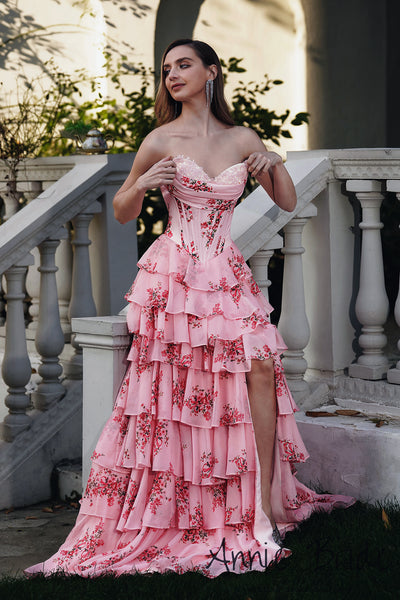 Cute A Line Sweetheart Blush Pink Floral Printed Chiffon Long Prom Dress with Slit AB24121108