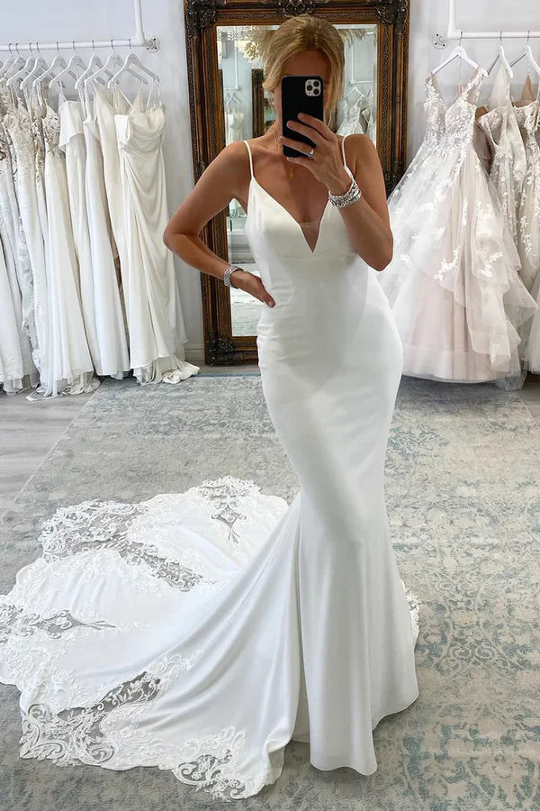 Charming Mermaid V Neck Elastic Satin Long Beach Wedding Dresses with Appliques AB24102004