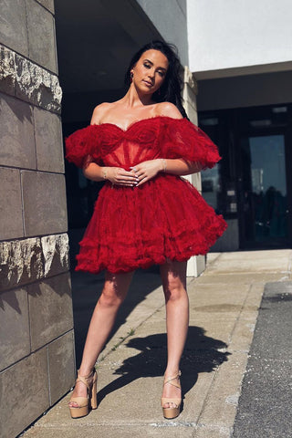 Cute A Line Off the Shoulder Red Tulle Short Homecoming Dresses AB070704