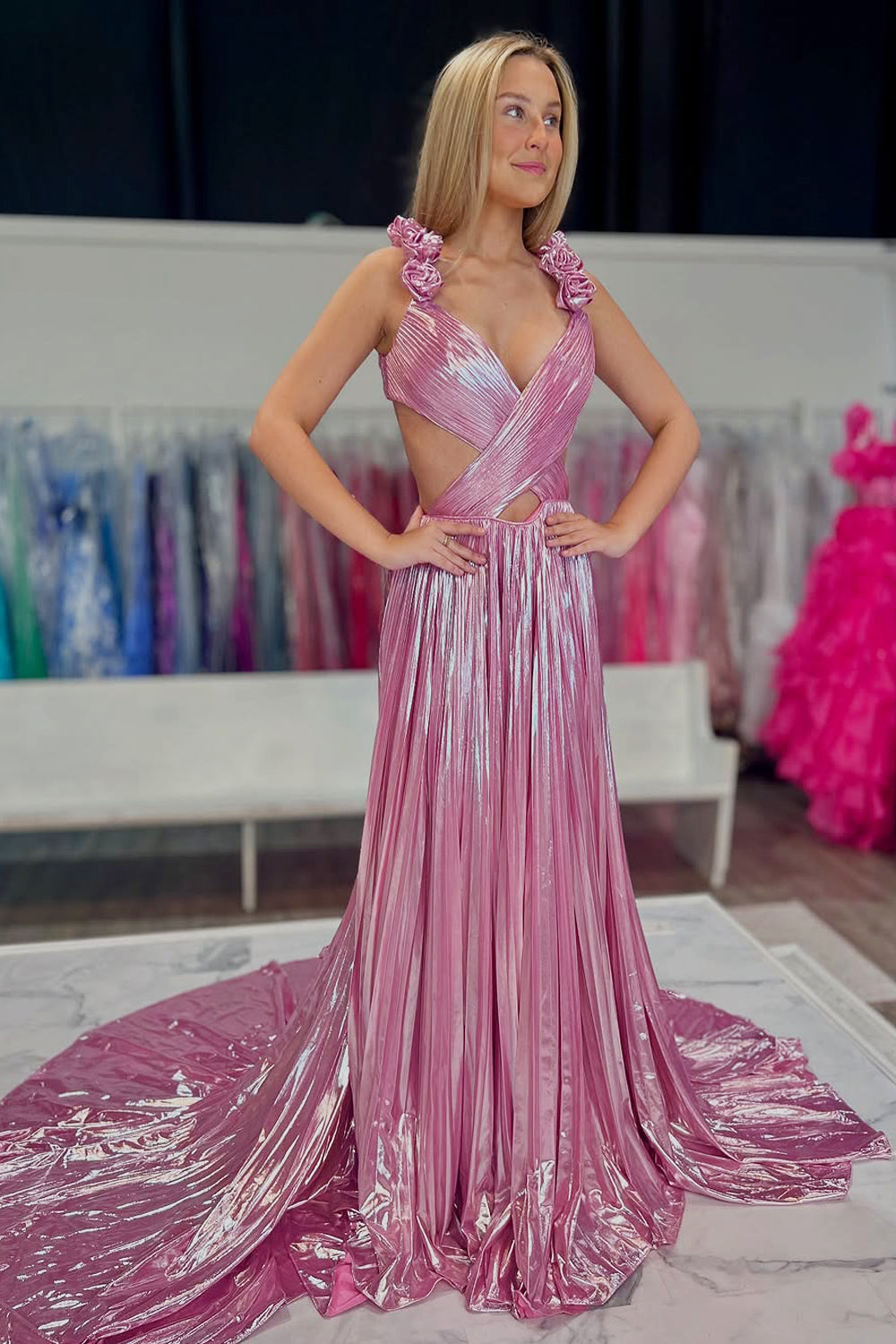 Cute A Line V Neck Pink Pleat Metallic Satin Long Prom Dress AB25013103