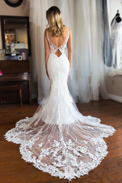 Charming Mermaid V Neck Lace Wedding Dresses with Appliques AB24102501