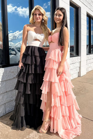 Cute A Line Sweetheart White Black Chiffon Tiered Long Prom Dress with Slit AB25012706