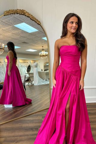 Cute A Line Strapless Fuchsia Satin Long Prom Dress with Slit