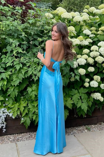 A Line V Neck Blue Satin Prom Dresses with Beading AB24122615