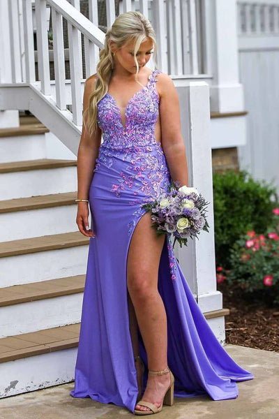 Charming Mermaid V Neck Purple Satin Slit Prom Dresses with Appliques AB24103101