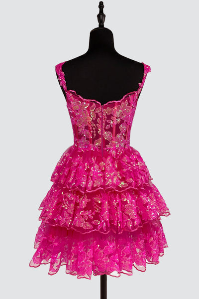 Cute A Line Sweetheart Hot Pink Sequins Tiered Short Homecoming Dresses AB24081402