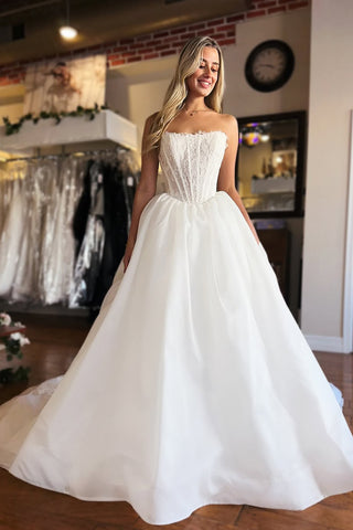 Fashion A Line Scoop Neck Organza Satin Long Wedding Dress with Appliques AB24122002