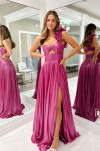 Cute A Line One Shoulder Fuchsia Sparkly Satin Long Prom Dress with Slit