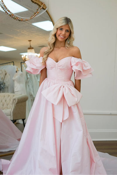 Cute Ball Gown Off the Shoulder Pink Satin Prom Dress with Bow AB24122407