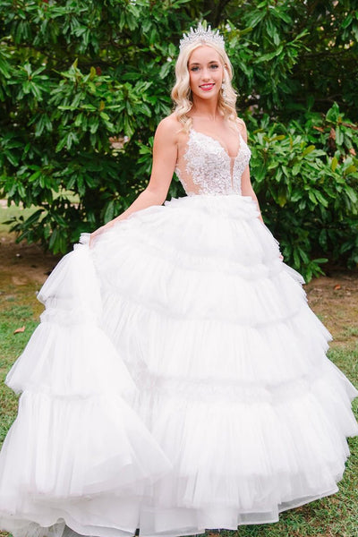 Cute Ball Gown V Neck White Tulle Long Prom Dresses with Appliques AB24101410