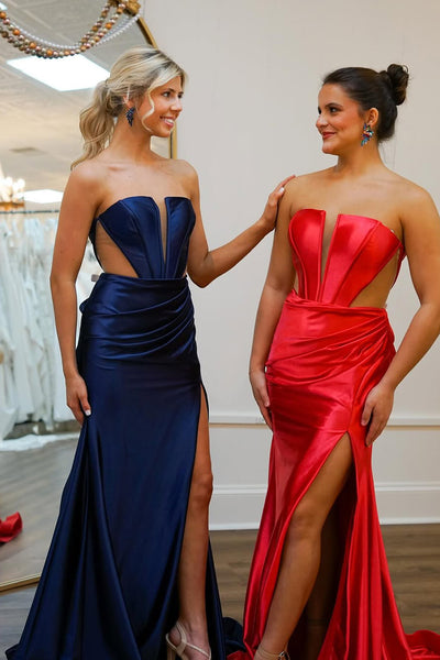 Elegant Mermaid V Neck Navy Satin Slit Prom Dress AB25010211