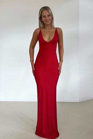 Charming Mermaid V Neck Red Elastic Satin Long Prom Dresses AB24110403