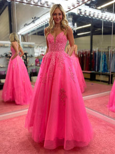 Fairy A Line V Neck Pink Tulle Long Prom Dresses with Appliques AB24102515