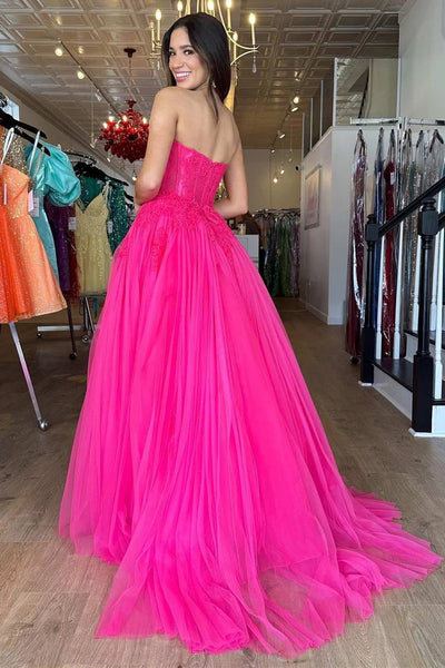 Cute Ball Gown Sweetheart Pink Tulle Long Prom Dresses with Appliques AB24102514