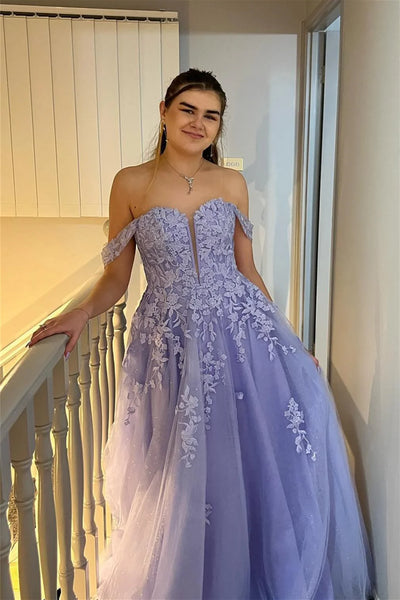 A Line Sweetheart Lavender Tulle Prom Dresses with Appliques AB24122615