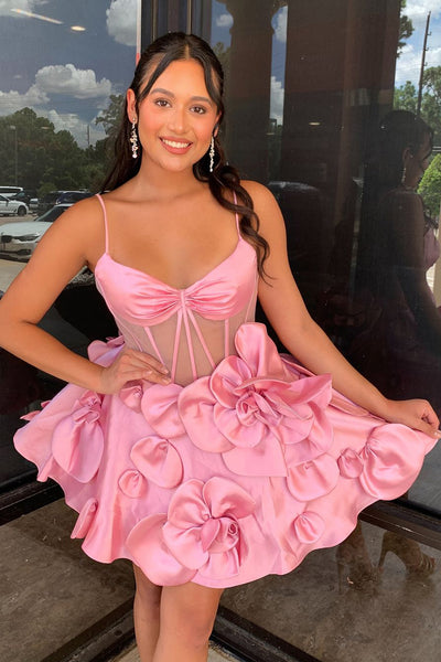 Cute A Line V Neck Pink Satin Short Homecoming Dresses with Handmade Flowers AB24081803