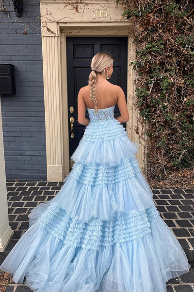 Cute A-Line Strapless Blue Ruffle Tiered Tulle Long Prom Dress AB4051905