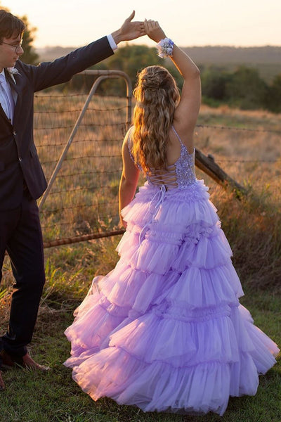 Cute A Line V Neck Light Purple Tiered Tulle Long Prom Dresses AB24102606