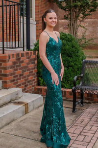 Charming Mermaid V Neck Dark Green Satin Slit Prom Dresses AB24111803