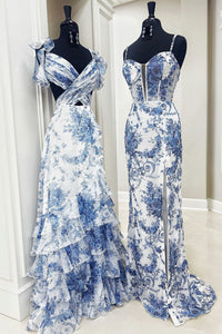 Charming Sheath V Neck Printed Chiffon Long Prom Dresses with Beading AB24110708