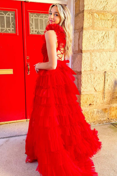 Cute A Line Sweetheart Red Tulle Tiered Long Prom Dresses with Slit AB122406