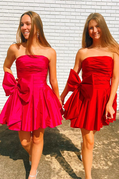 Cute A-Line Strapless Red Satin Short Homecoming Dresses with Bow AB24082801