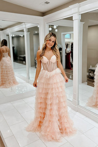 Cute A Line Sweetheart Blush Sparkly Pink Tiered Tulle Long Prom Dresses AB24110411