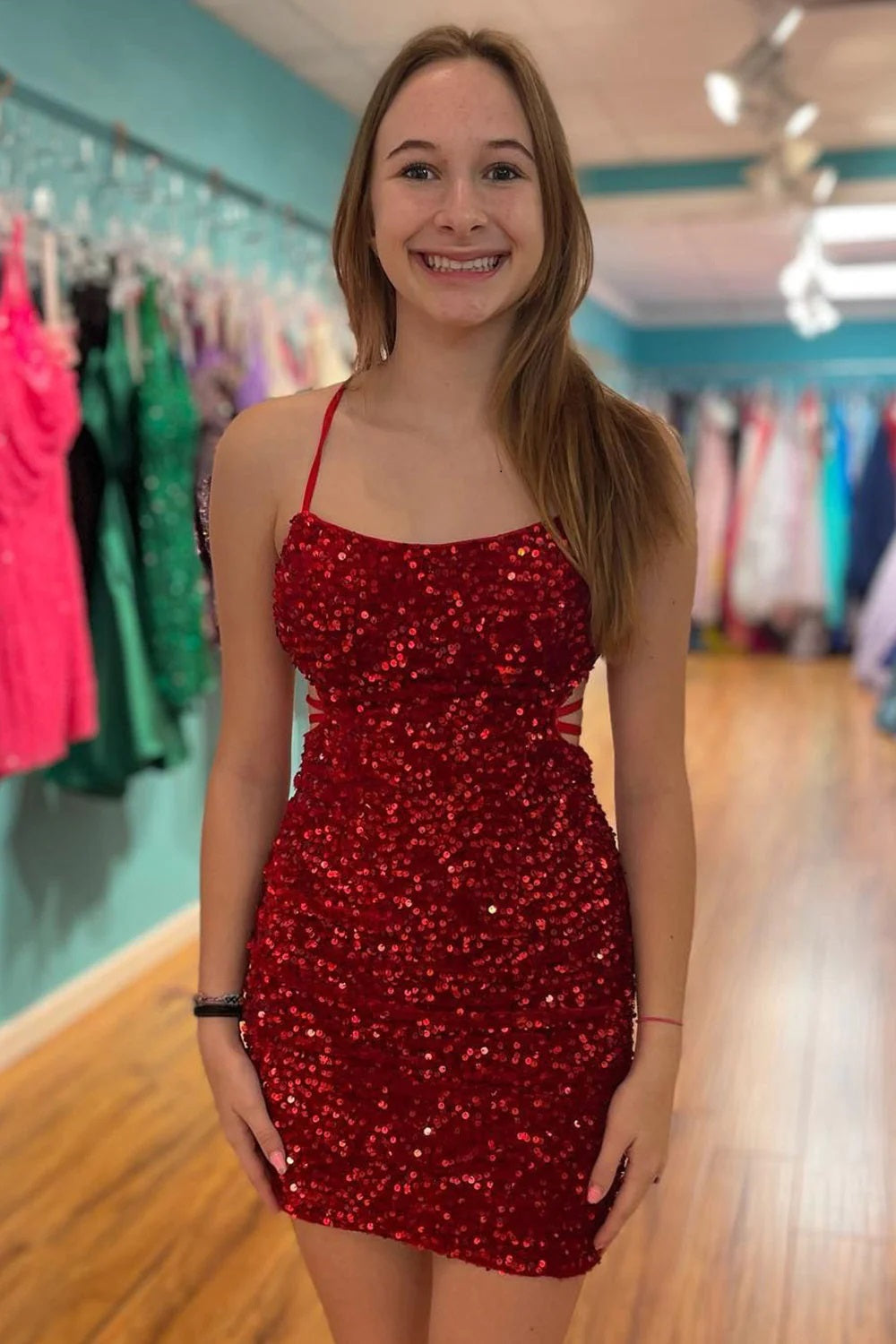 Cute Sparkly Scoop Neck Dark Red Sequins Short Homecoming Dresses ABHC061821