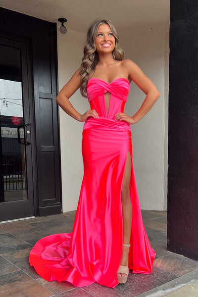 Charming Mermaid Sweetheart Hot Pink Elastic Satin Long Prom Dresses with Slit AB24101106