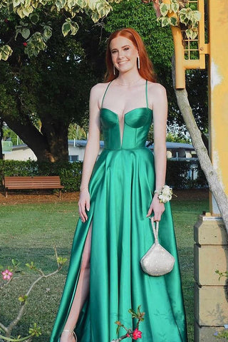 Cute A Line Sweetheart Green Satin Long Prom Dresses with Slit AB24101107