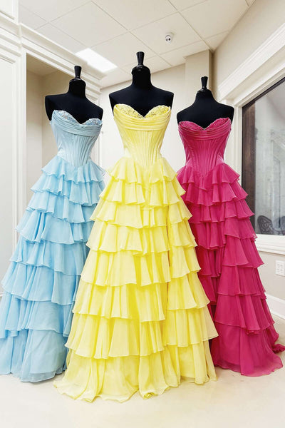 Cute Yellow Sweetheart A-Line Ruffle Chiffon Tiered Long Prom Dress With Split