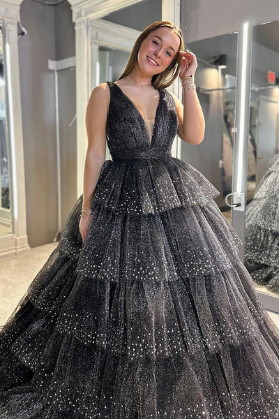 Sparkly A Line V Neck Black Ruffle Tiered Long Prom Dress with Beading AB4032201