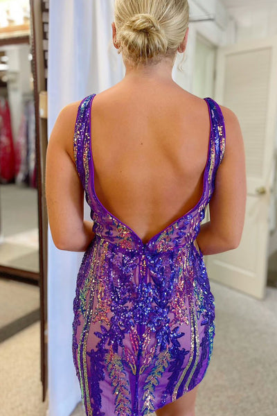 Cute Bodycon V Neck Purple Lace Sequins Short Homecoming Dressees AB062705