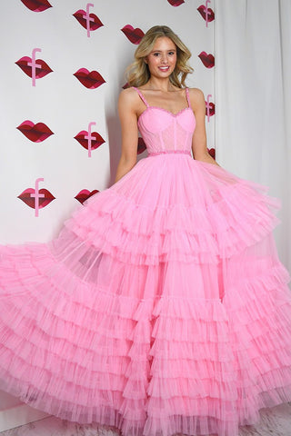 A-Line Sweetheart Pink Ruffle Tiered Tulle Long Prom Dress with Beading AB4032903
