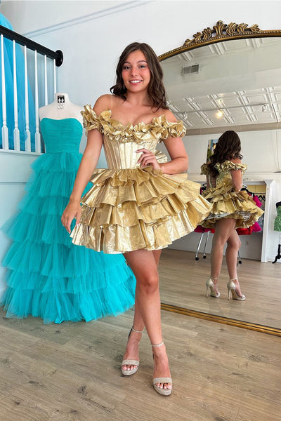 Cute A-Line Off the Shoulder Gold Satin Tiered Homecoming Dresses AB24081503