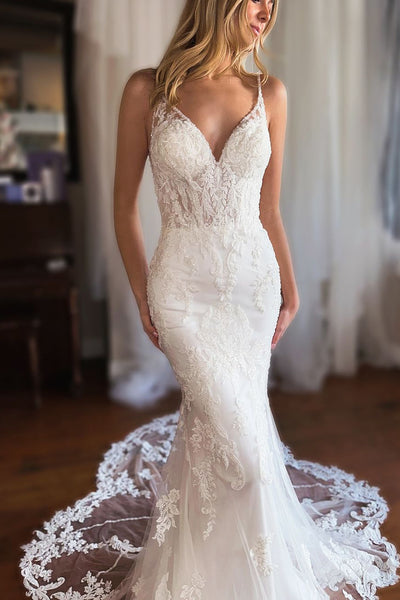 Elegant Mermaid V Neck Lace Long Wedding Dresses AB24100505