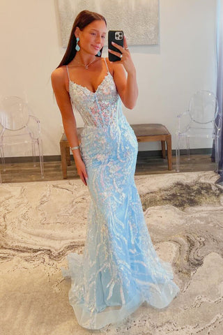 Cute Mermaid V Neck Light Blue Sequins Long Prom Dresses with Slit AB122405