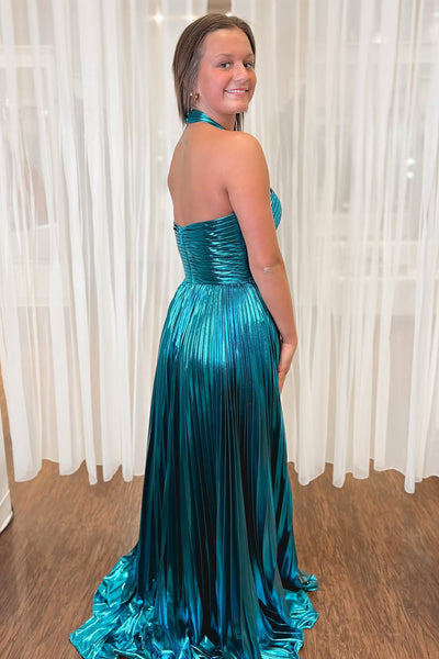 Cute A Line Halter Peacock Blue Metallic Satin Prom Dress with Slit AB2530204