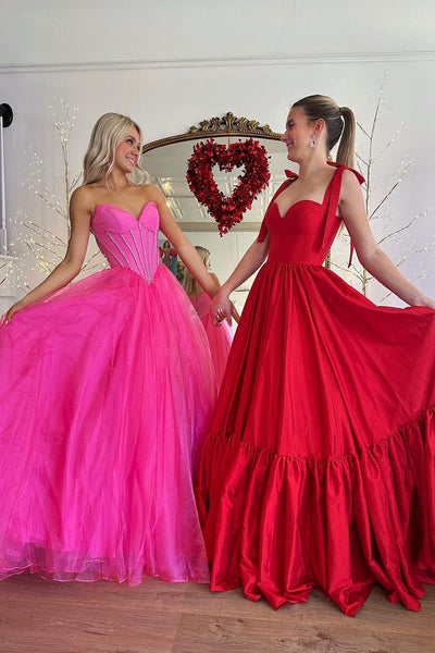 Red Sweetheart Satin A-Line Long Prom Dresses AB4022605