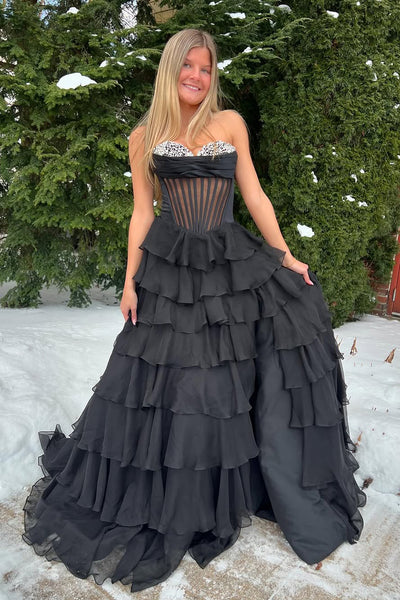 Cute A Line Sweetheart Black Chiffon Tiered Long Prom Dress with Beading AB25012705