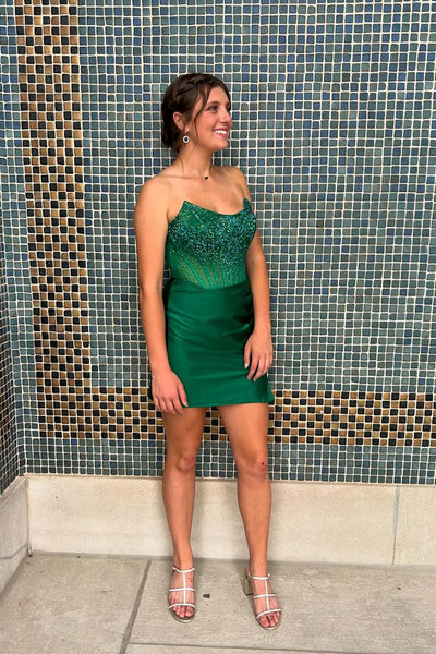 Cute Bodycon Scoop Neck Dark Green Tight Short Homecoming Dresses with Beading AB24092605