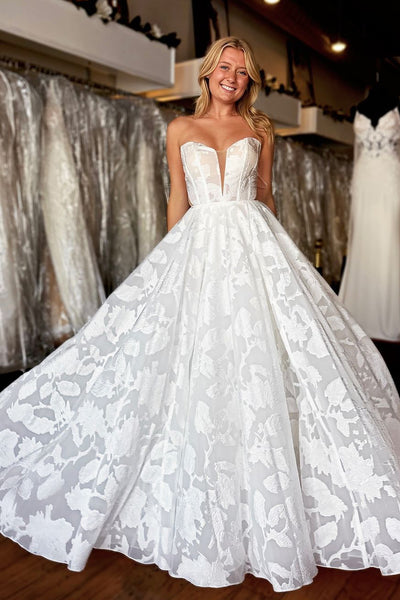 Romantic A Line Strapless Lace Long Bridal Dresses AB24102902