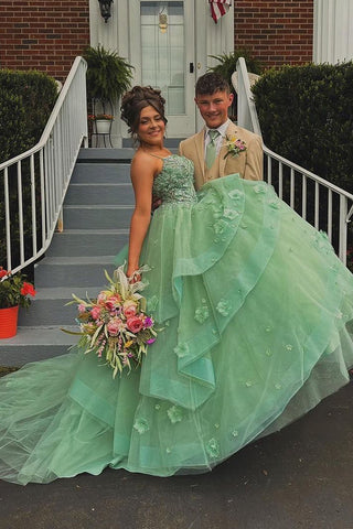 Fairy A Line Sweetheart Sage Green Tulle Long Prom Dresses with Appliques AB24101109