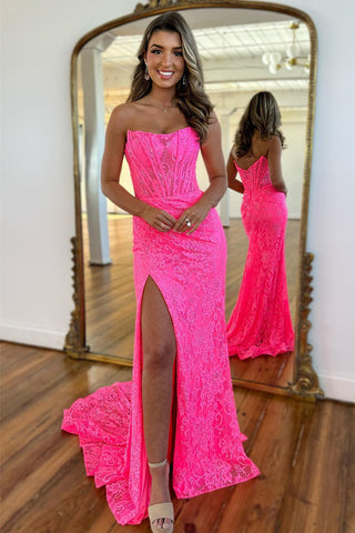 Pink Mermaid Strapless Sweep Train Lace Prom Dress With Slit AB4040902